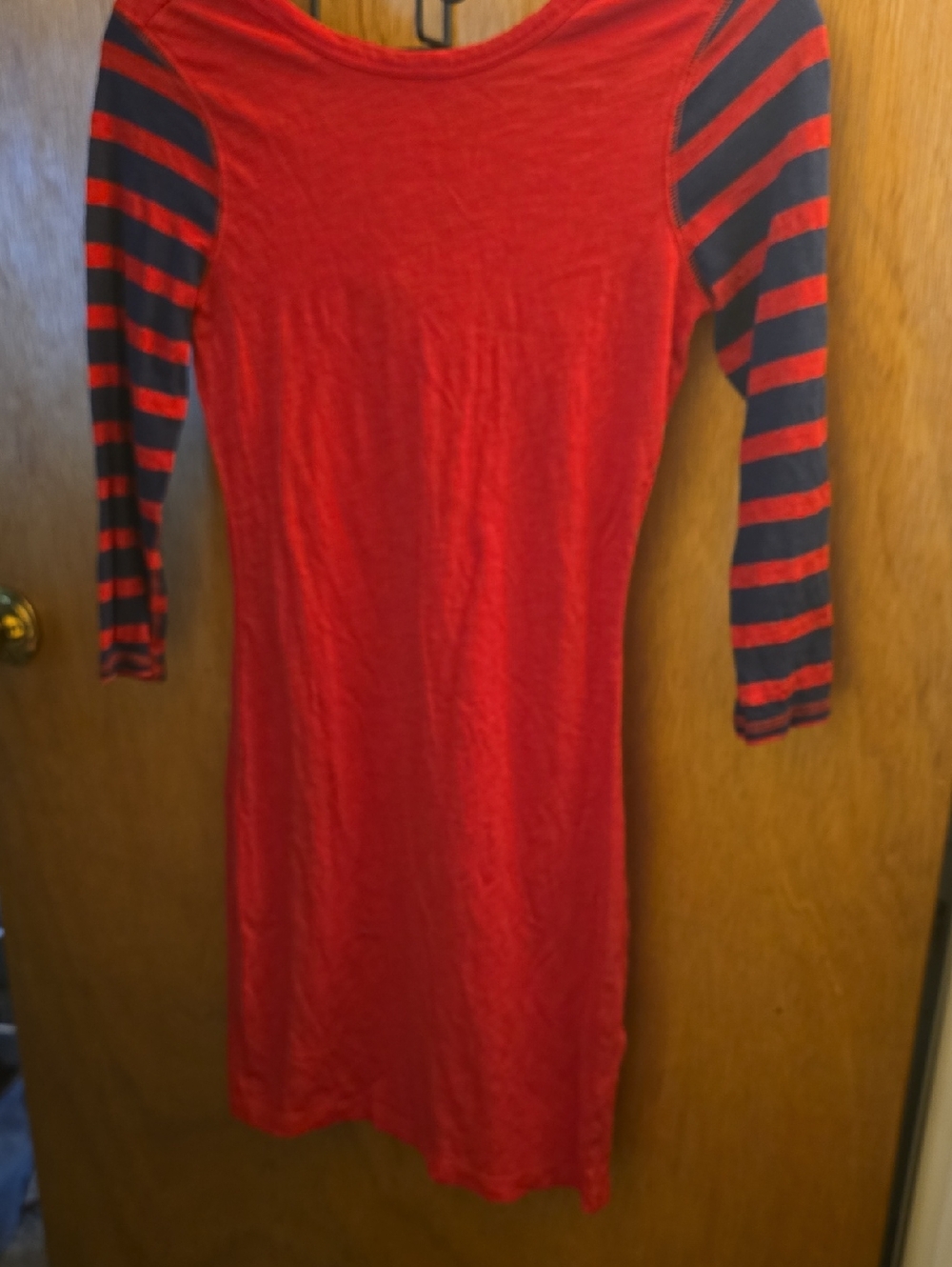 Express Red Dress with Navy Striped 3/4 Sleeves